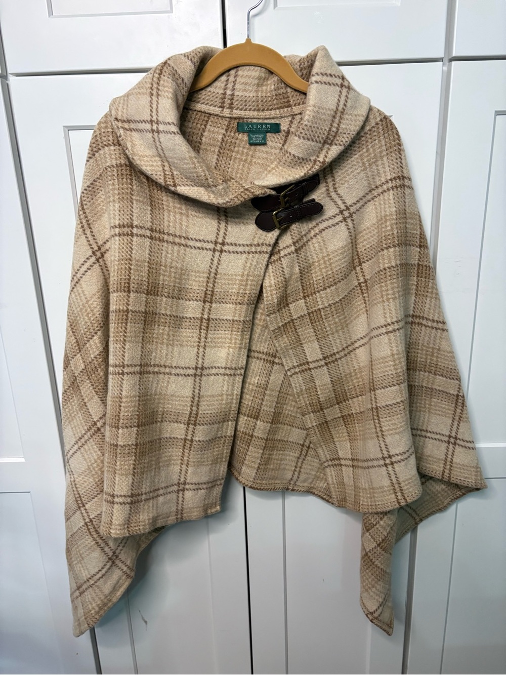 Vintage Lauren Ralph Lauren Made in Italy Plaid Lambswool Leather Buckle Cape